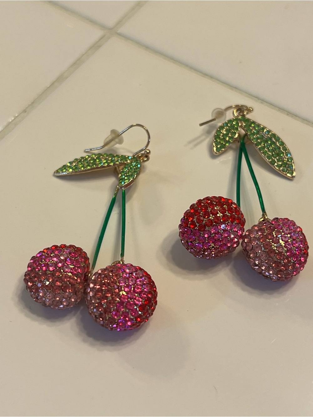 Crystal Cherry Drop Earrings - Pink & Green